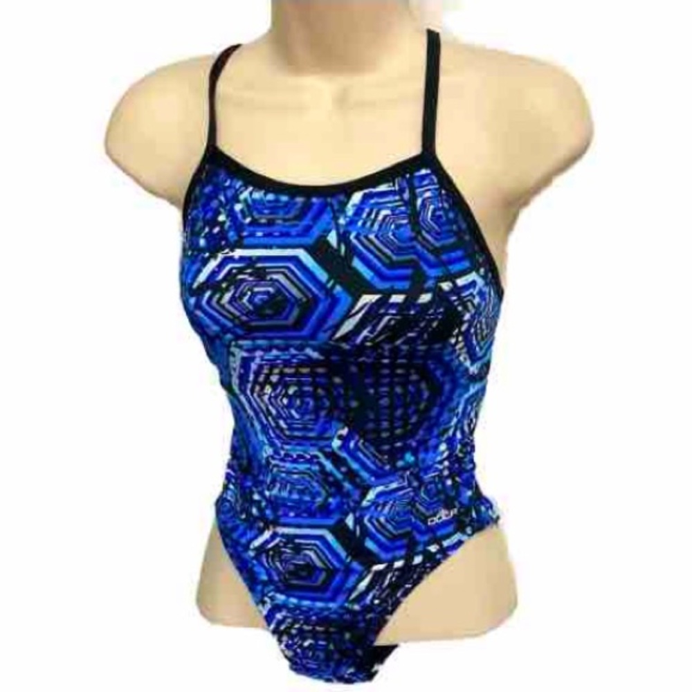 DOLFIN Reliance Bee Hive V Racer Back Blue Black White Womens Size 28